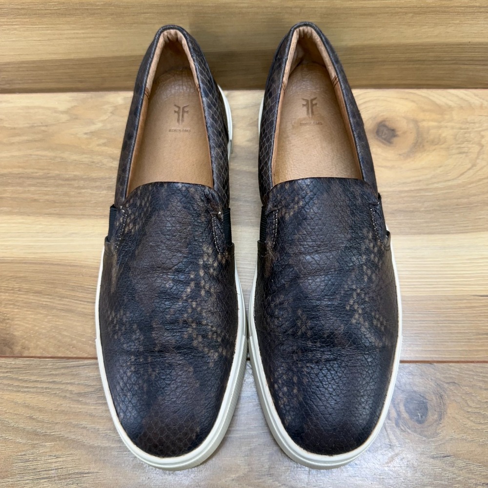 Frye‎ Ivy Snake Embossed Slip On Sneakers Womens 7 M Brown Modern Minimalist